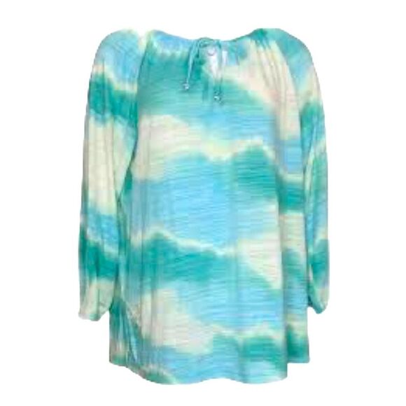 Susan Graver Tie Dye Print Crinkle Knit Long Sleeve Peasant Top - Picture 3 of 5